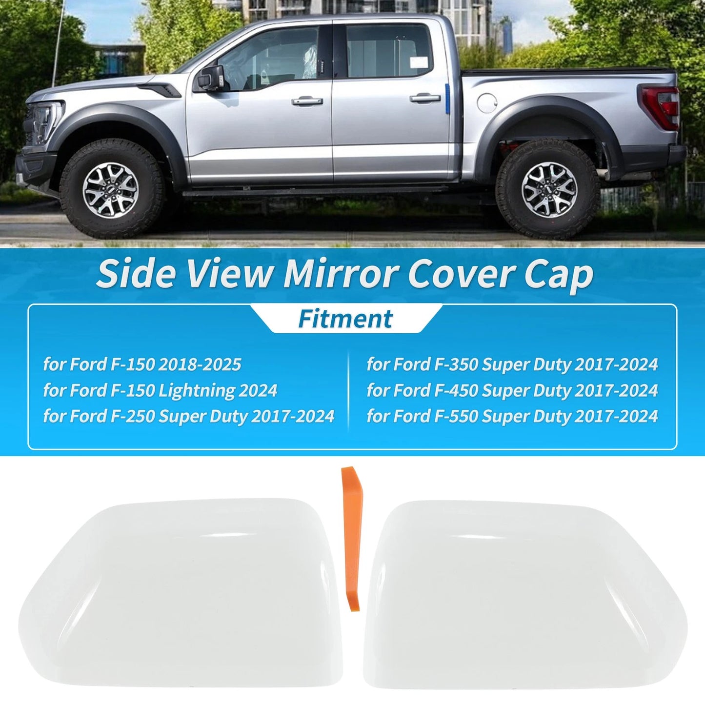 White Top Half Door Mirror Cap Covers for Ford F250 F350 Super Duty (2017-24)