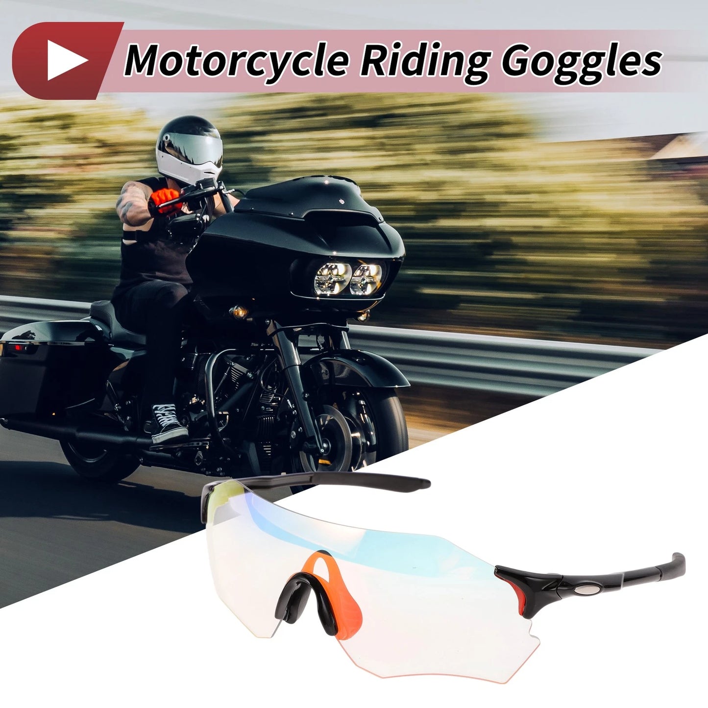 Motorcycle Riding Goggles Light Red Lens Black Frame TPU Cycling Sunglasses
