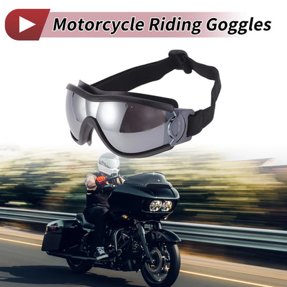 Motorcycle Riding Goggles Silver Tone Lens Black Frame PC PU Sunglasses