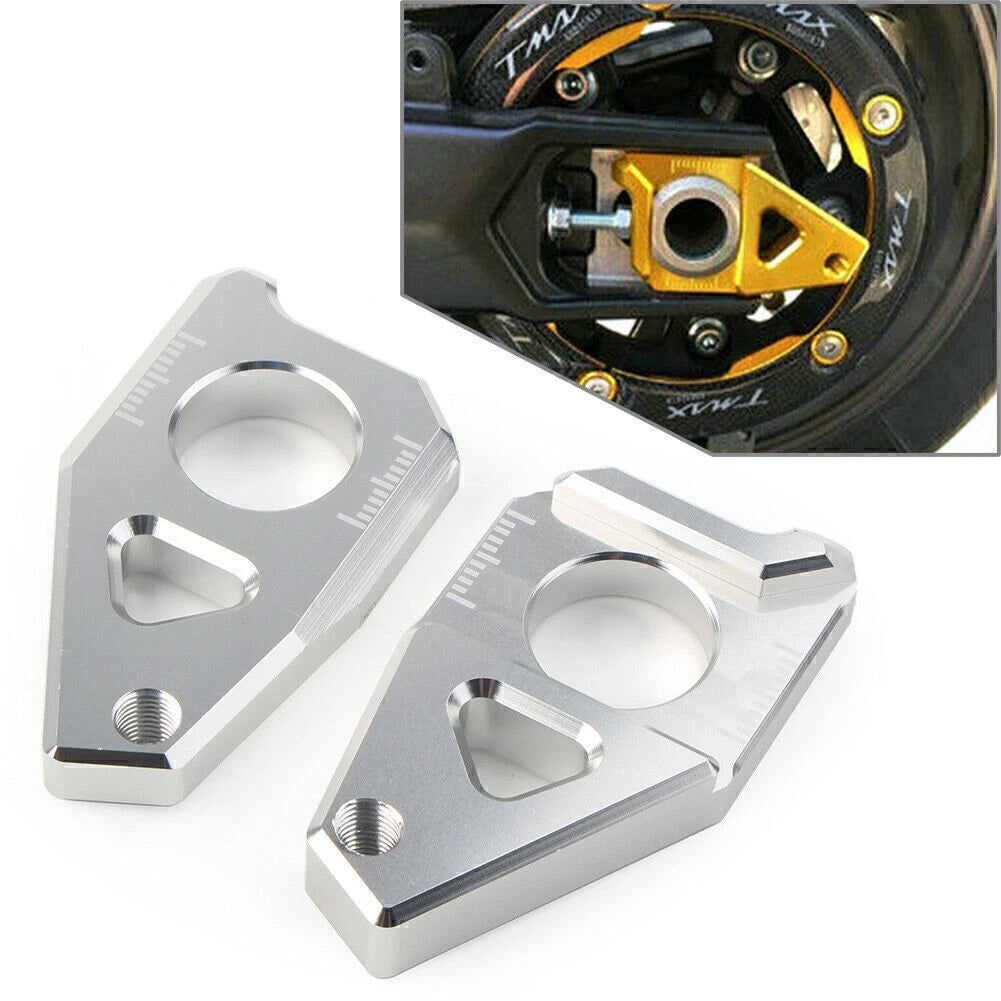 2 x Silver Axle Spindle Chain Adjuster Blocks for Yamaha YZF R1, FZ8, FZ1, TMAX 530