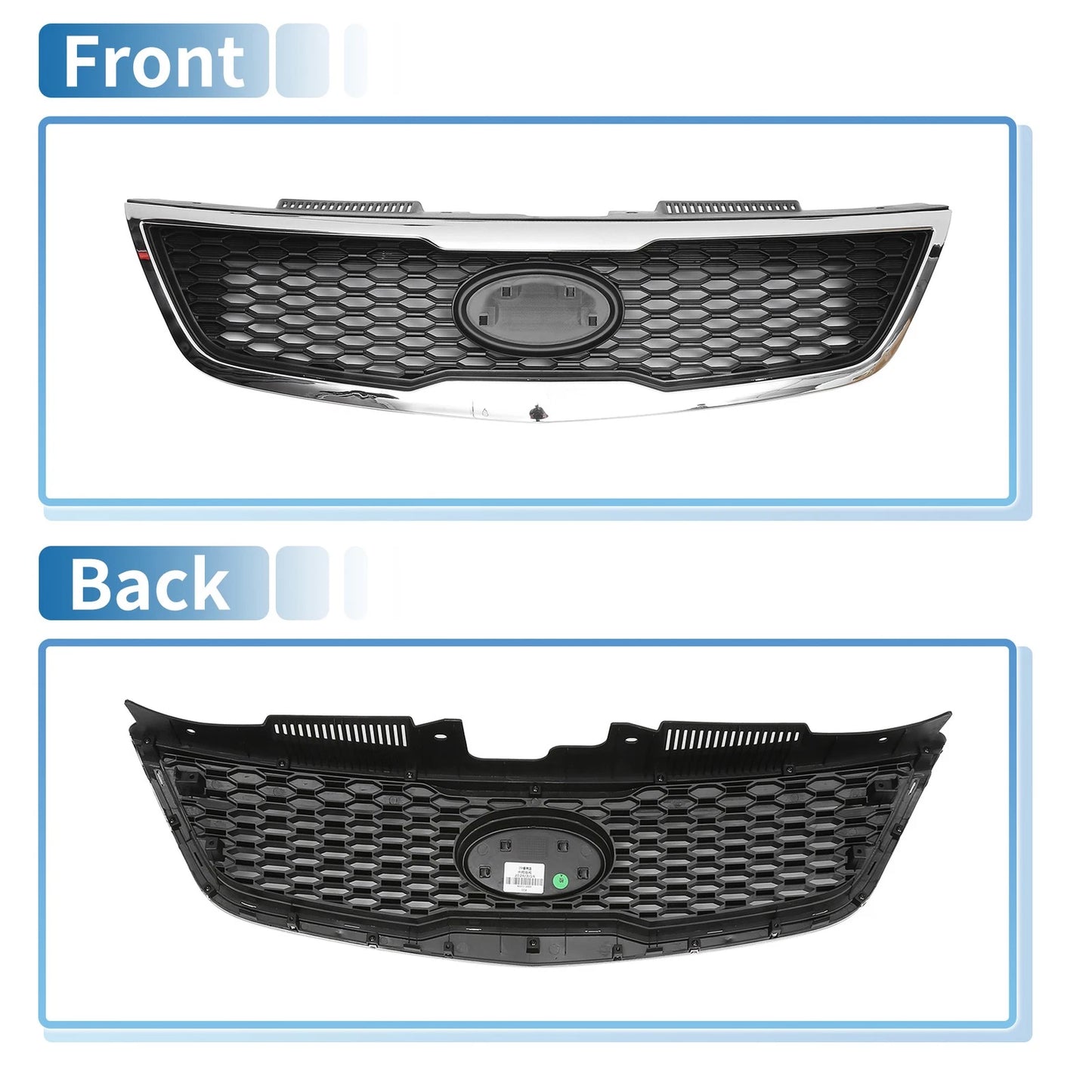 Front Upper Bumper Grille for Kia Forte (2010-2013) Black Chrome Silver Tone