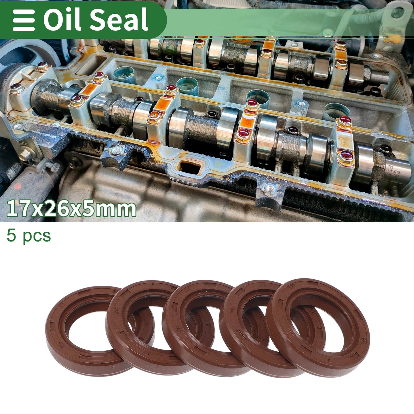 Oil Seal 17x26x5mm Brown 5 Pcs Rotary Shaft Seal FKM Rubber