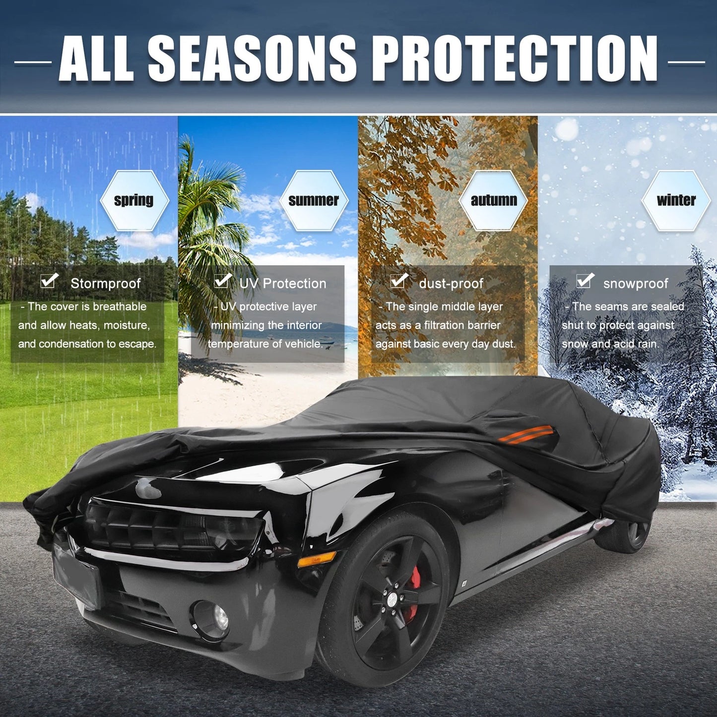 Waterproof Aluminum Film Car Cover for Chevy Camaro (2010 - 2021) Zipper Black