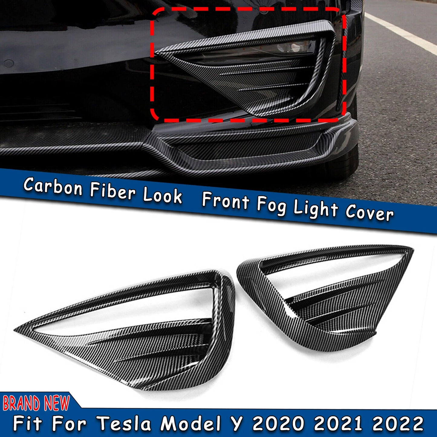 2 x Front Fog Light Covers for Tesla Model Y (2020-2024) Carbon Look