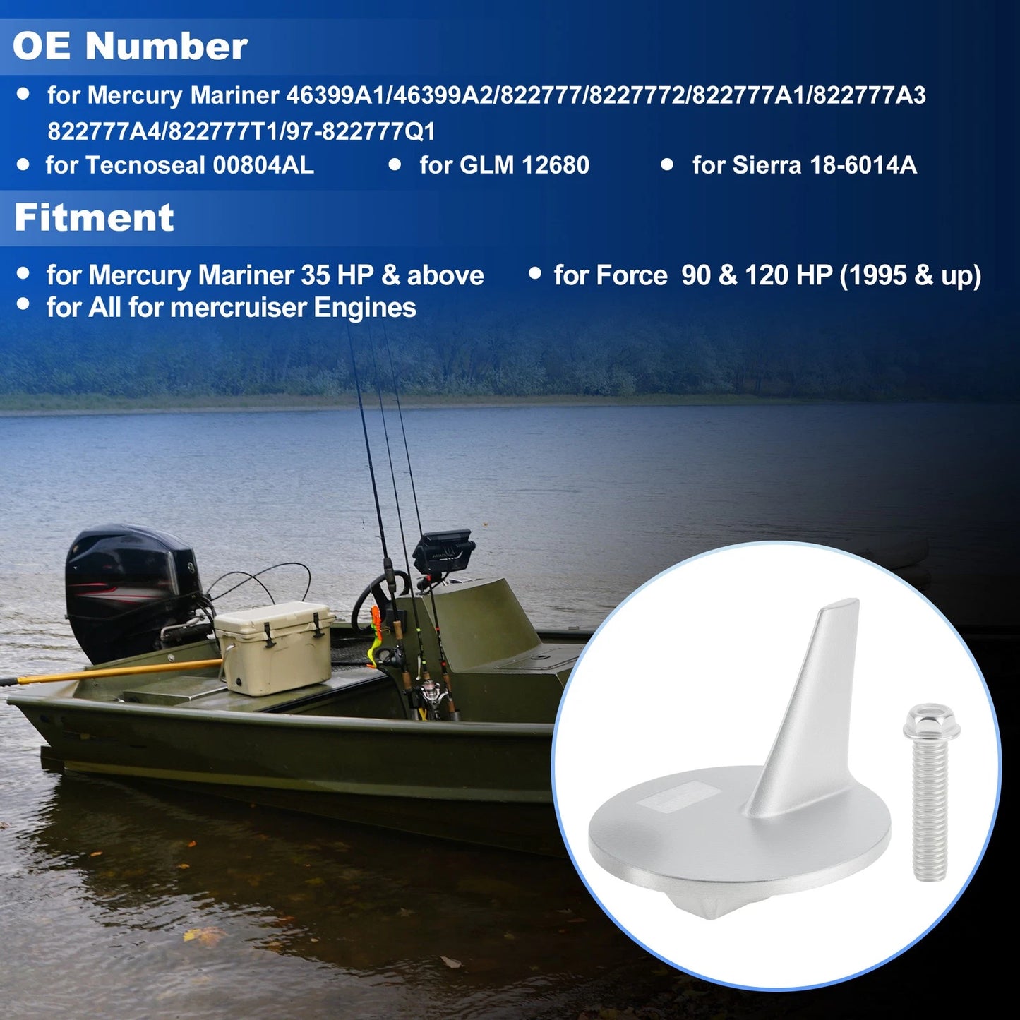 Trim Tab Anode for Mercury Mariner 35 HP and Force 90-120 HP