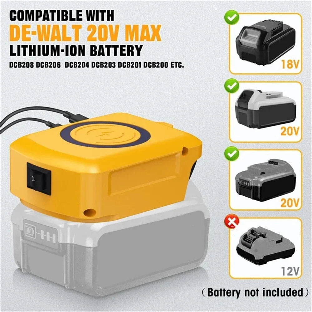 Wireless Charger Adapter Type-C & USB Ports for Dewalt 18V-20V Battery