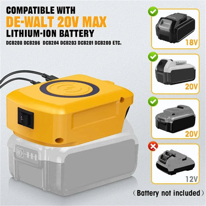 Wireless Charger Adapter Type-C & USB Ports for Dewalt 18V-20V Battery