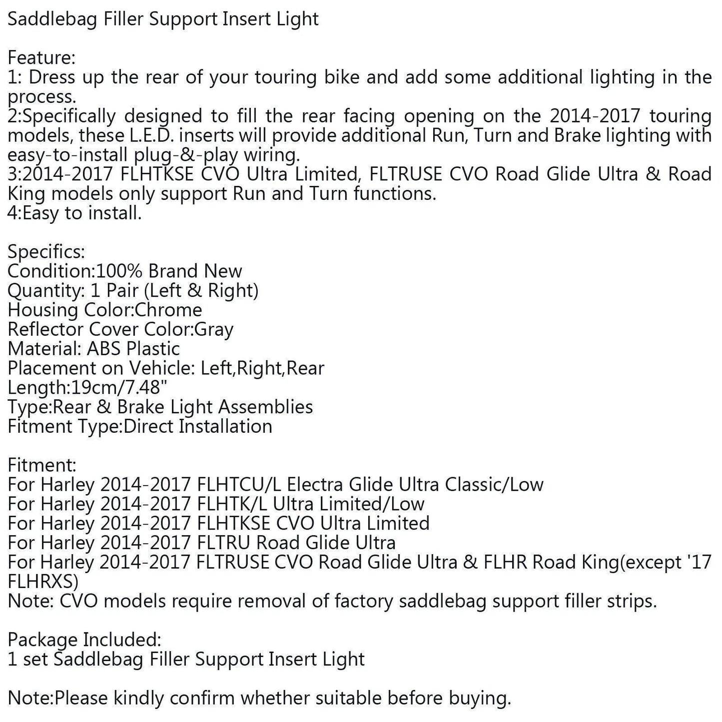 Saddlebag Filler Support Lights for Harley Touring Electra Glide (2014-2023)