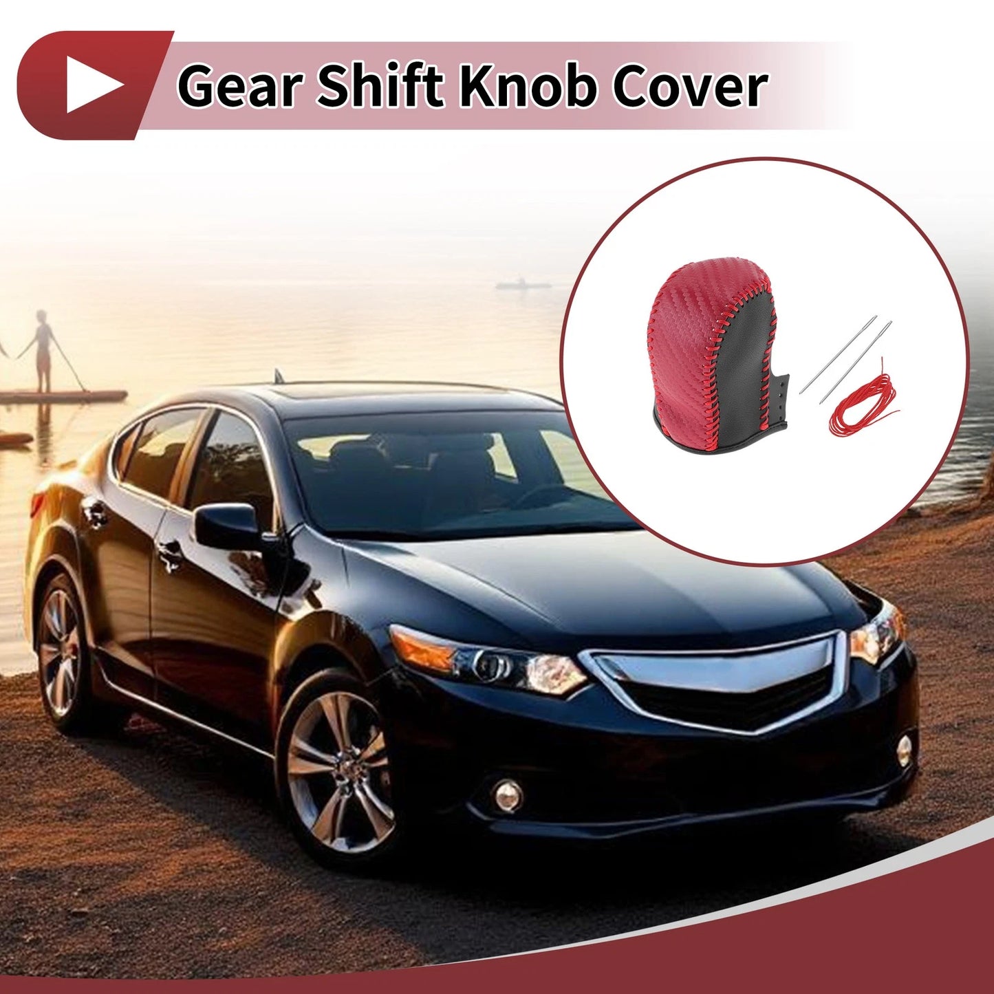 Gear Shift Knob Cover for Acura ZDX Black Red Faux Leather (2010 - 2012)