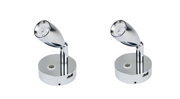 Caravan Boat Reading Bunk Lights LED Chrome Aluminum USB Port Pair