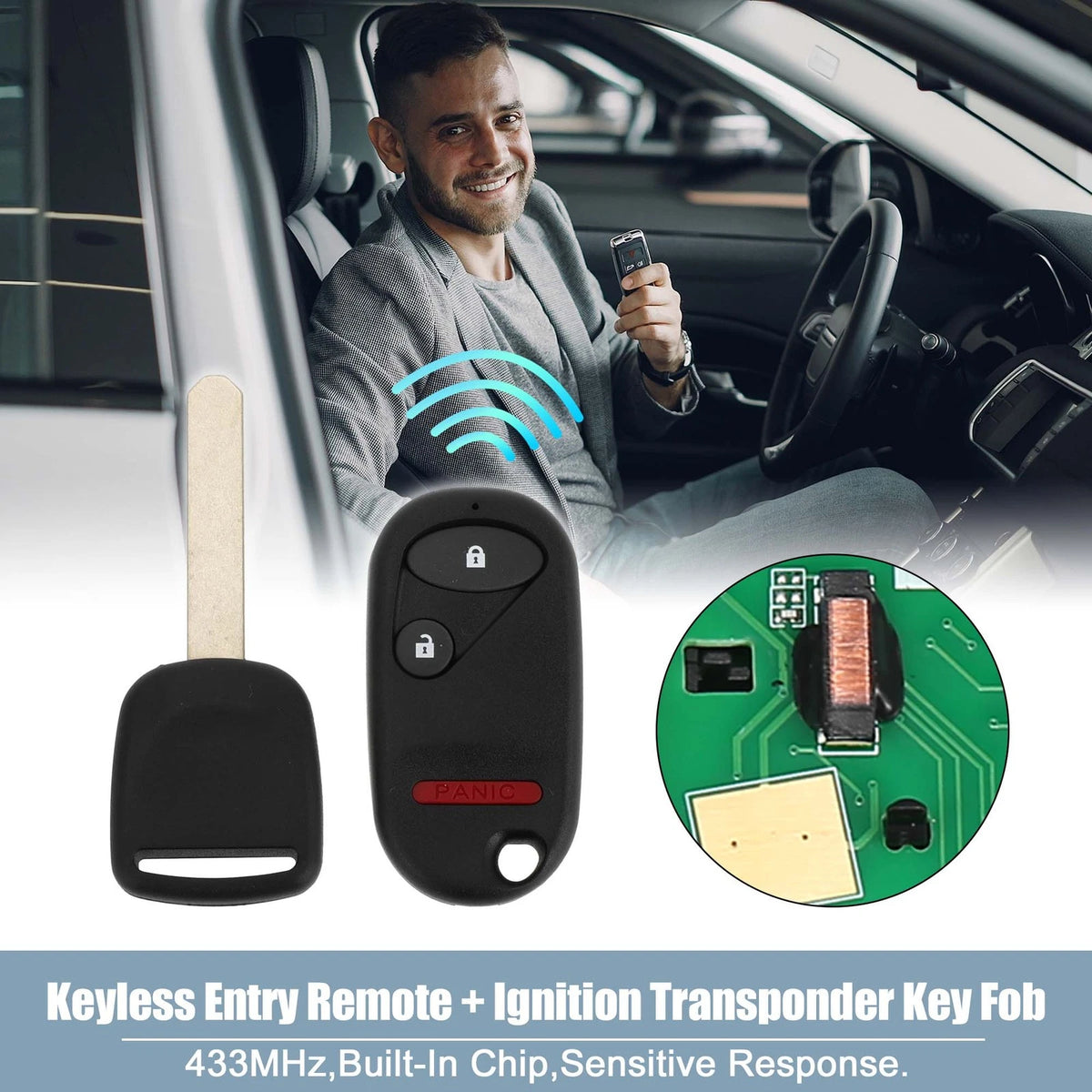 433MHz Keyless Entry Remote Ignition Transponder Key Fob for Honda Pilot, Civic