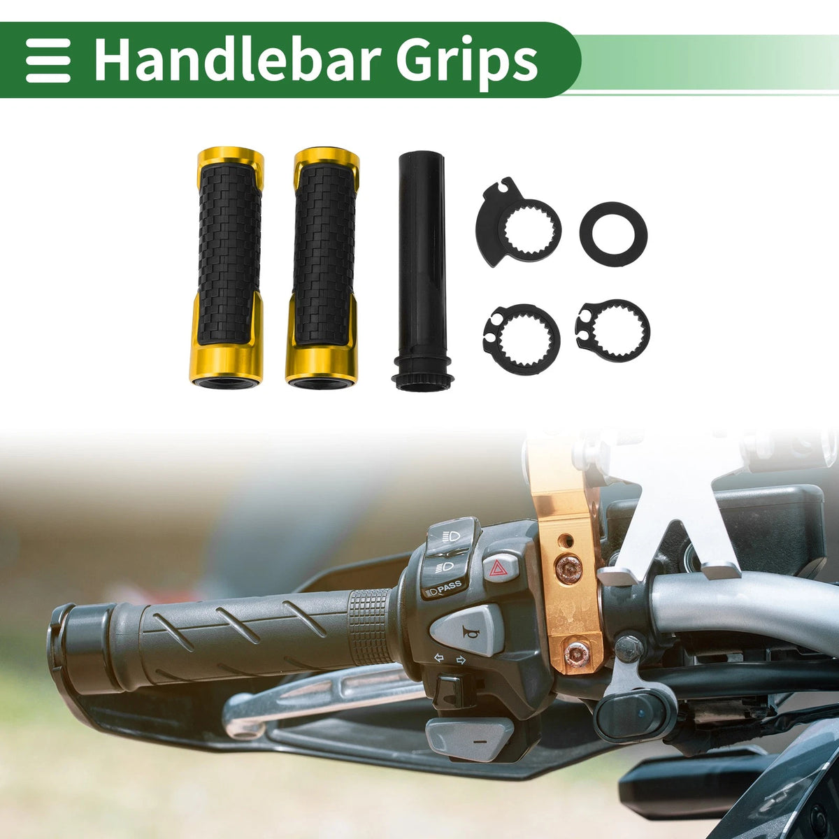 7/8 22mm Hand Grips Cover Kit for Motorcycle Black Gold Tone Square