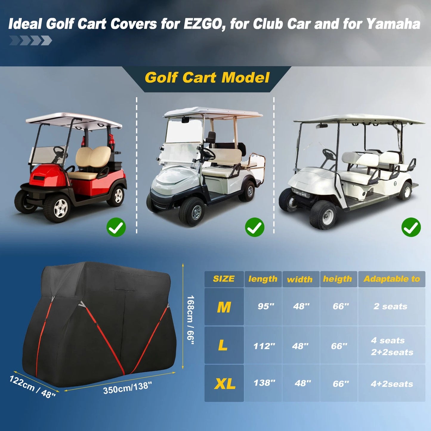 Golf Cart Cover / 4+2 Seats / Heavy Oxford Waterproof for EZGO Club Car