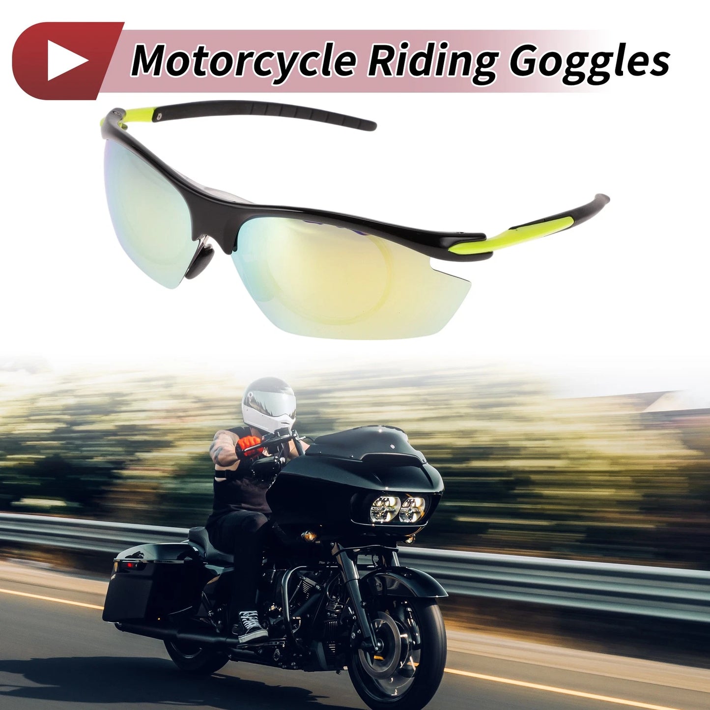 1 Pc Motorcycle Riding Goggles Gold Tone Lens Black Yellow Frame