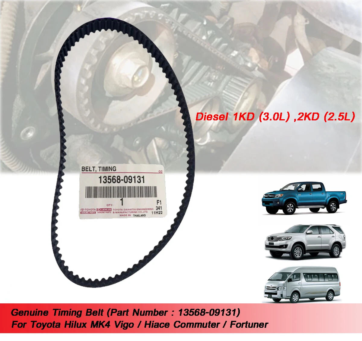 Timing Belt for Toyota Hilux MK4, Vigo, Hiace, Commuter, Fortuner (2005-2015)