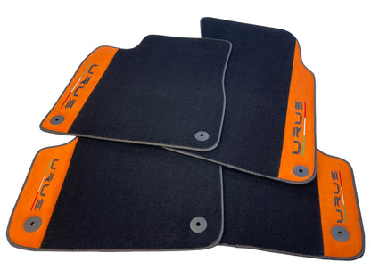 Black Floor Mats for Lamborghini Urus with Orange Alcantara Leather (2018-2024)