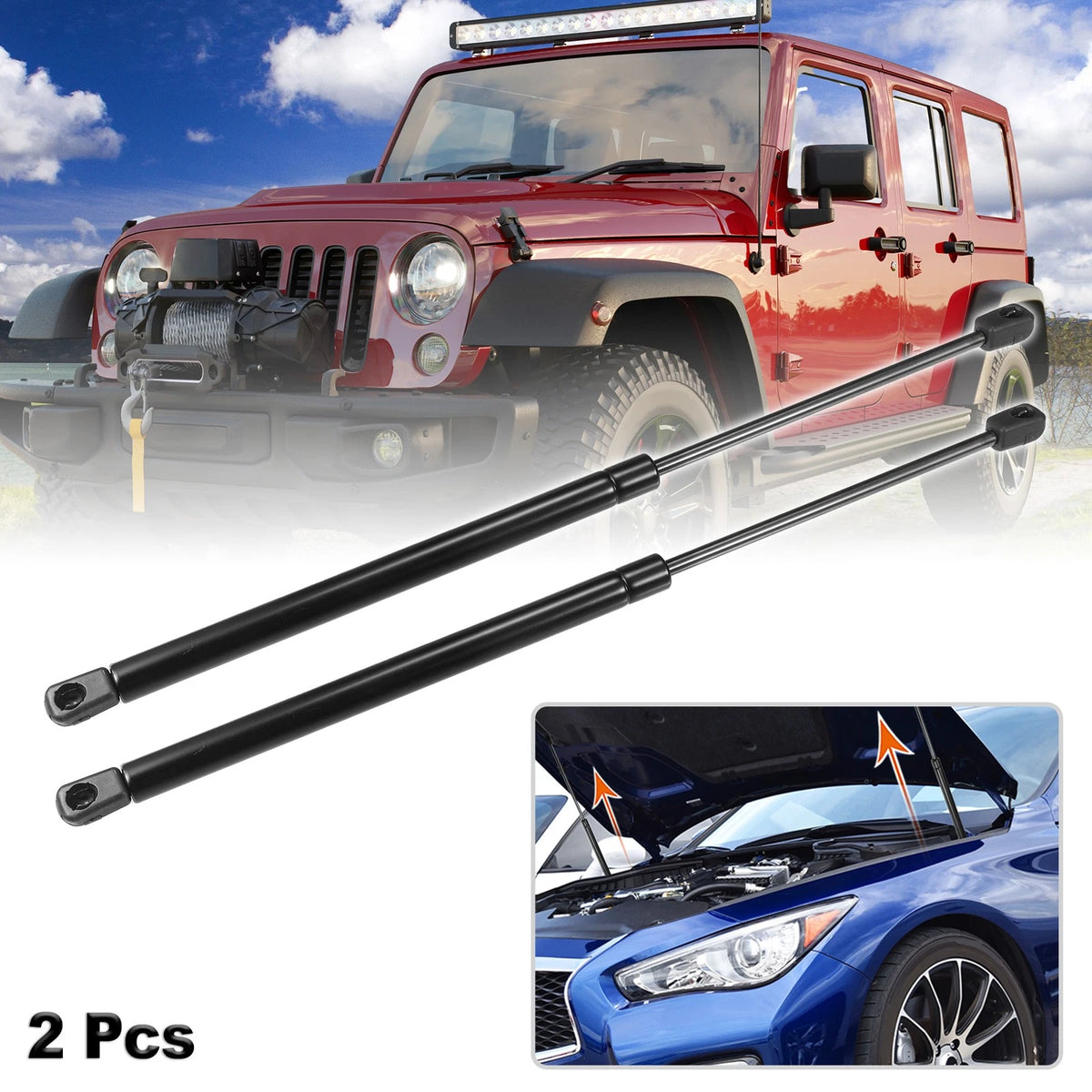 Front Hood Lift Supports for Jeep Wrangler (JK) 2007-2018 Black