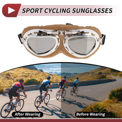 1 Pc Motorcycle Riding Goggles Silver Tone Lens Brown Frame PC PU Sponge