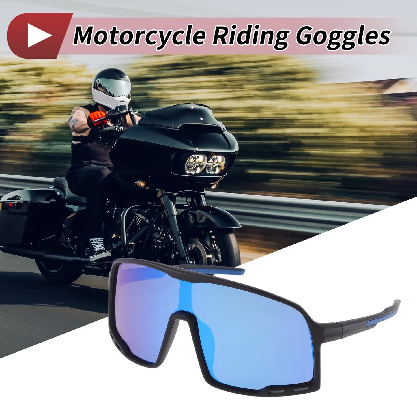 1 Set Motorcycle Riding Goggles Blue Lens Black Frame UV400