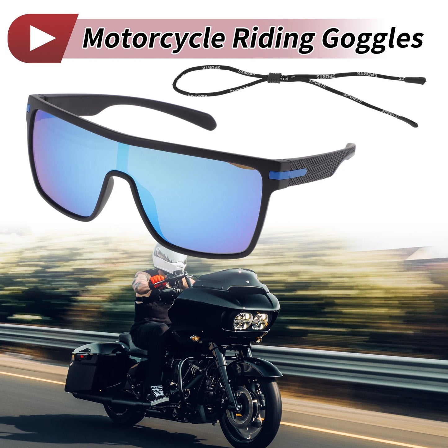Goggles Motorcycle Riding Blue Lens Black Frame Tri-Acetyl Cellulos TR90