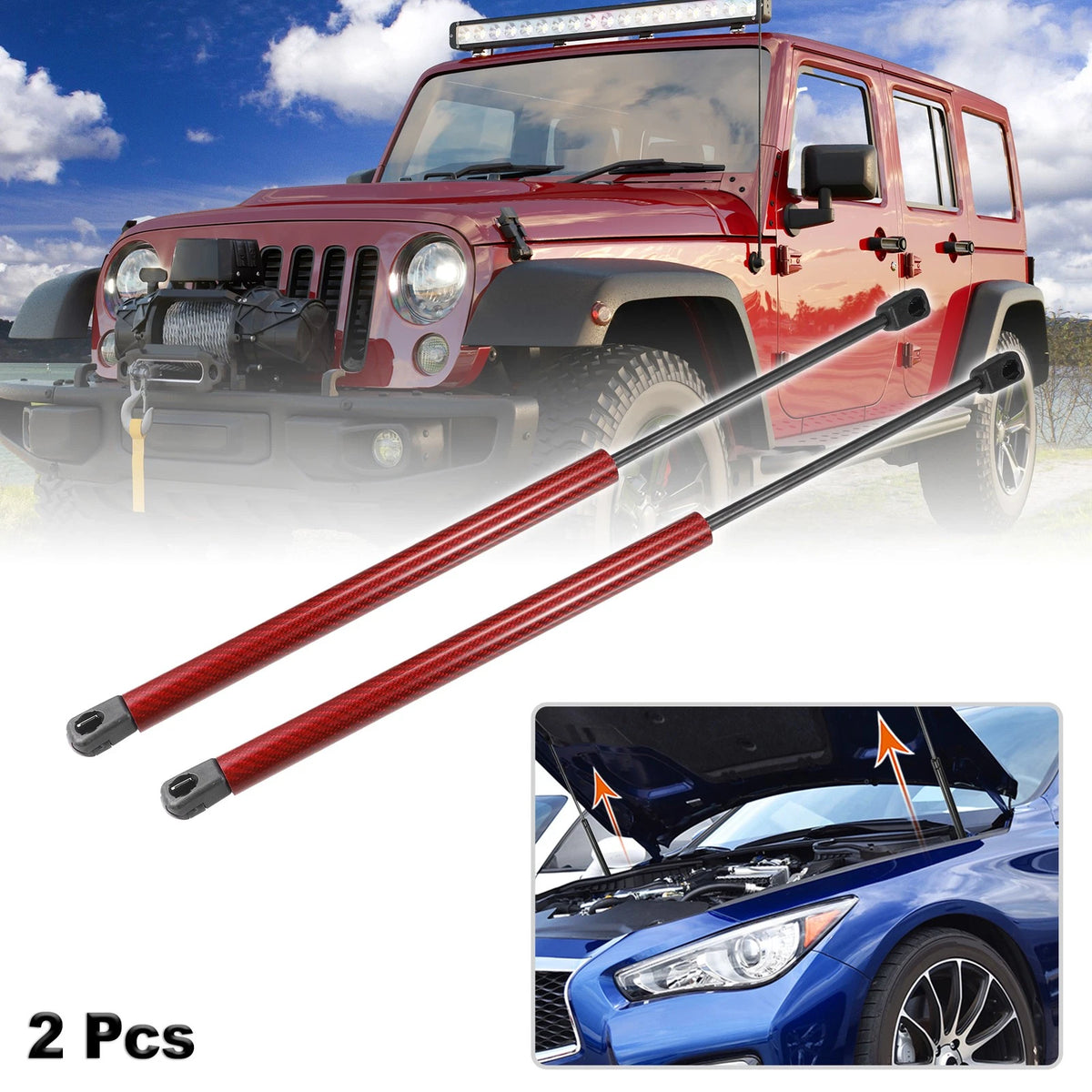 Front Hood Lift Supports for Jeep Wrangler (JK) 2007-2018 Red