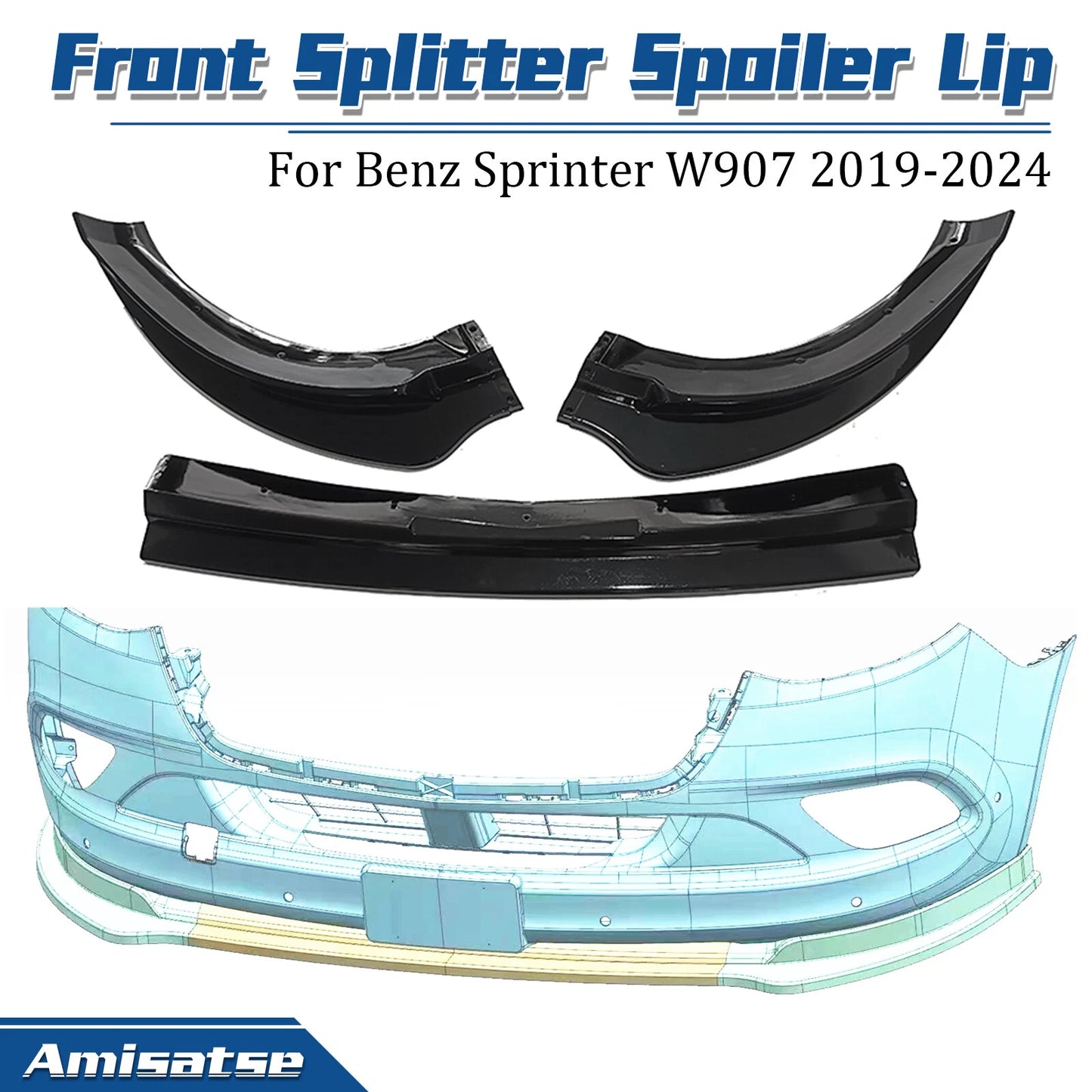 Front Bumper Spoiler Lip for Mercedes Benz Sprinter (2019-2025)