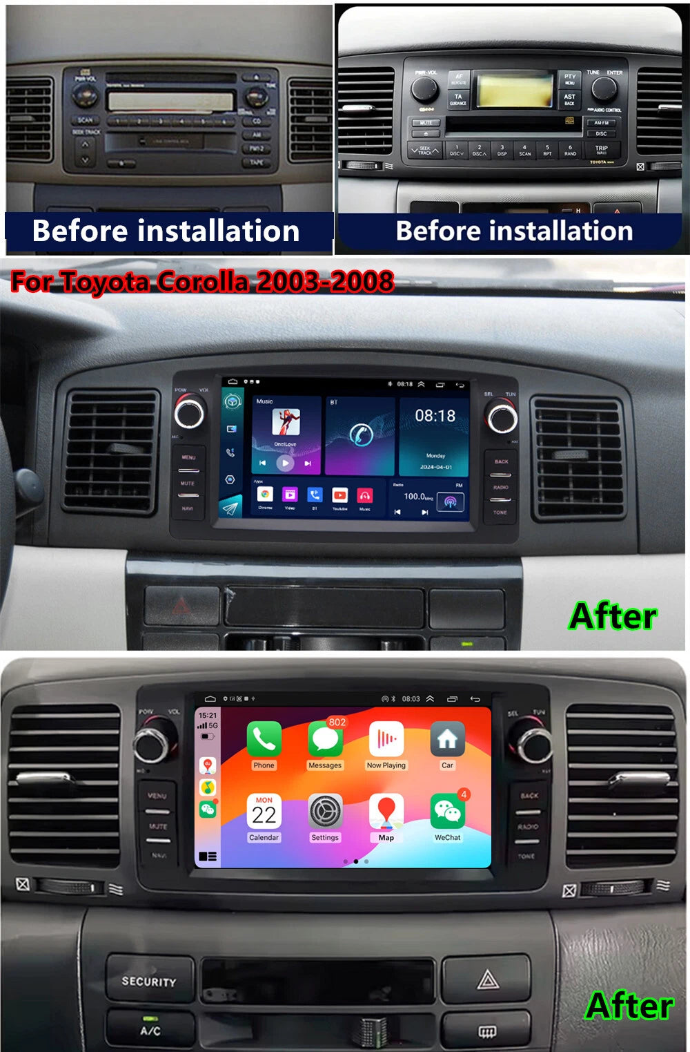 7'' Carplay Stereo Radio GPS Head Unit for Toyota Corolla (2003-2008)