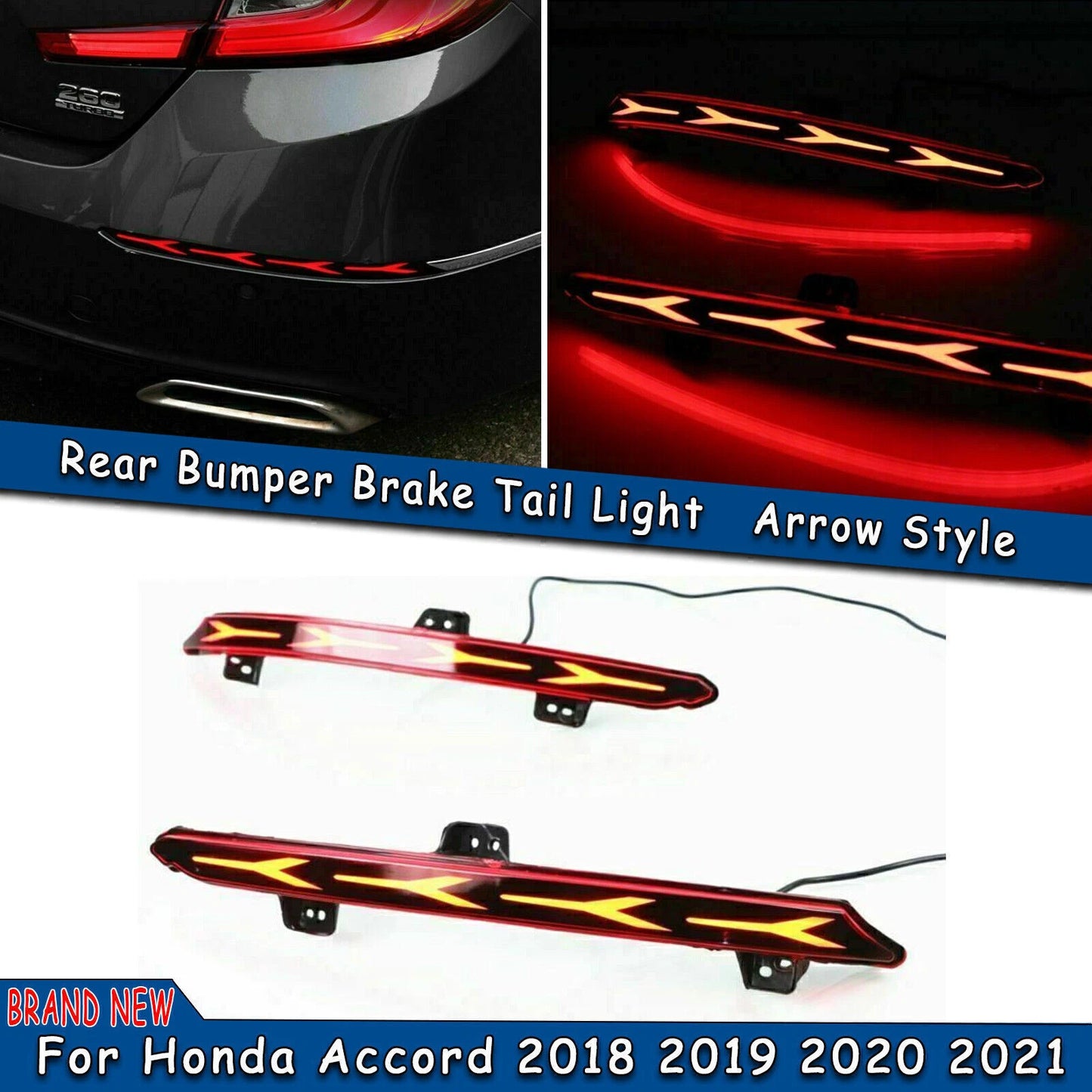 2 x Rear Bumper Brake Tail Lights Red/Amber for Honda Accord (2018-2021)
