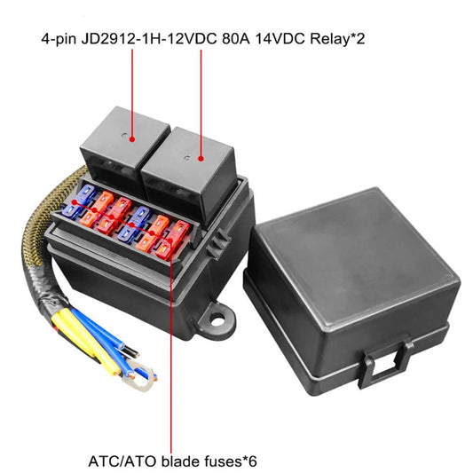 12V Universal Pre-Wired Fuse Relay Box w/  4Pin 80A Relays & 6 Fuses