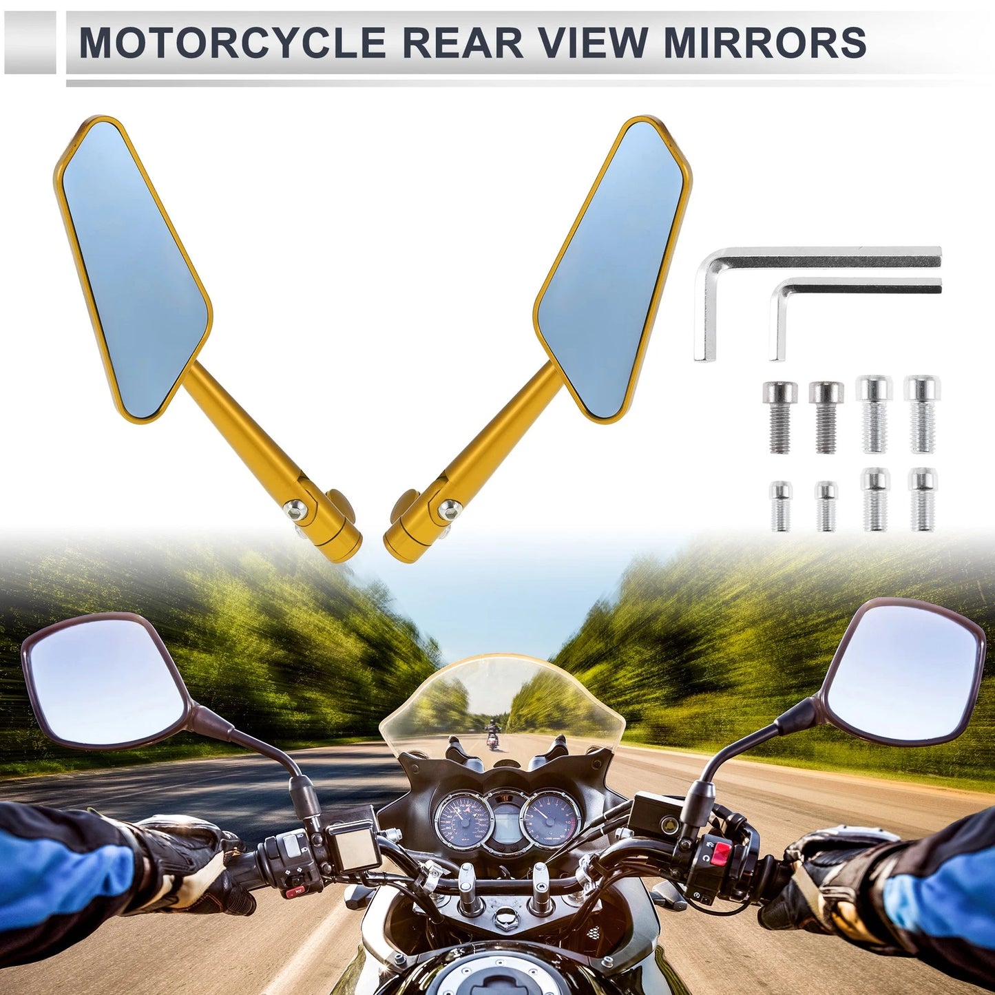 M8/M10 Motorcycle Rear View Mirrors Prismatic Gold Tone Aluminum Alloy