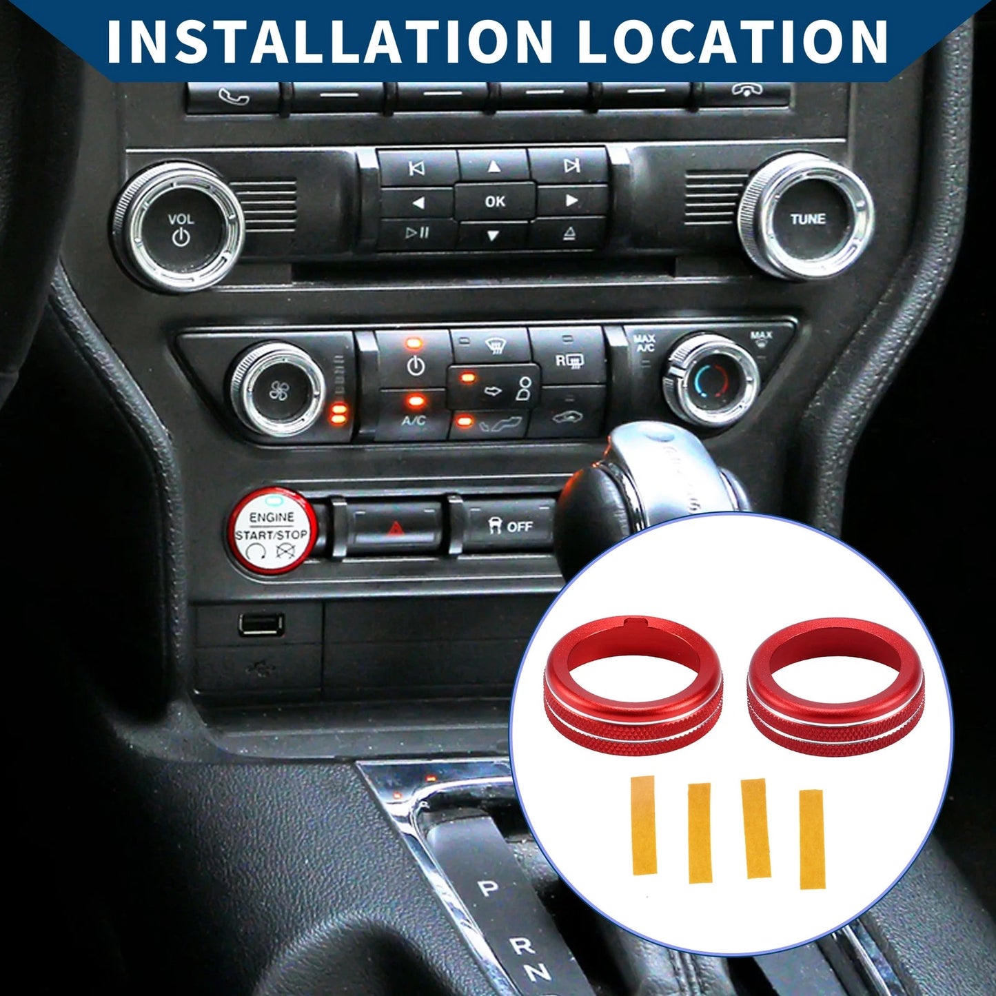 AC Climate Switch Knob Cover Ring for Ford Mustang (2015-2021) - 2 Pcs Red
