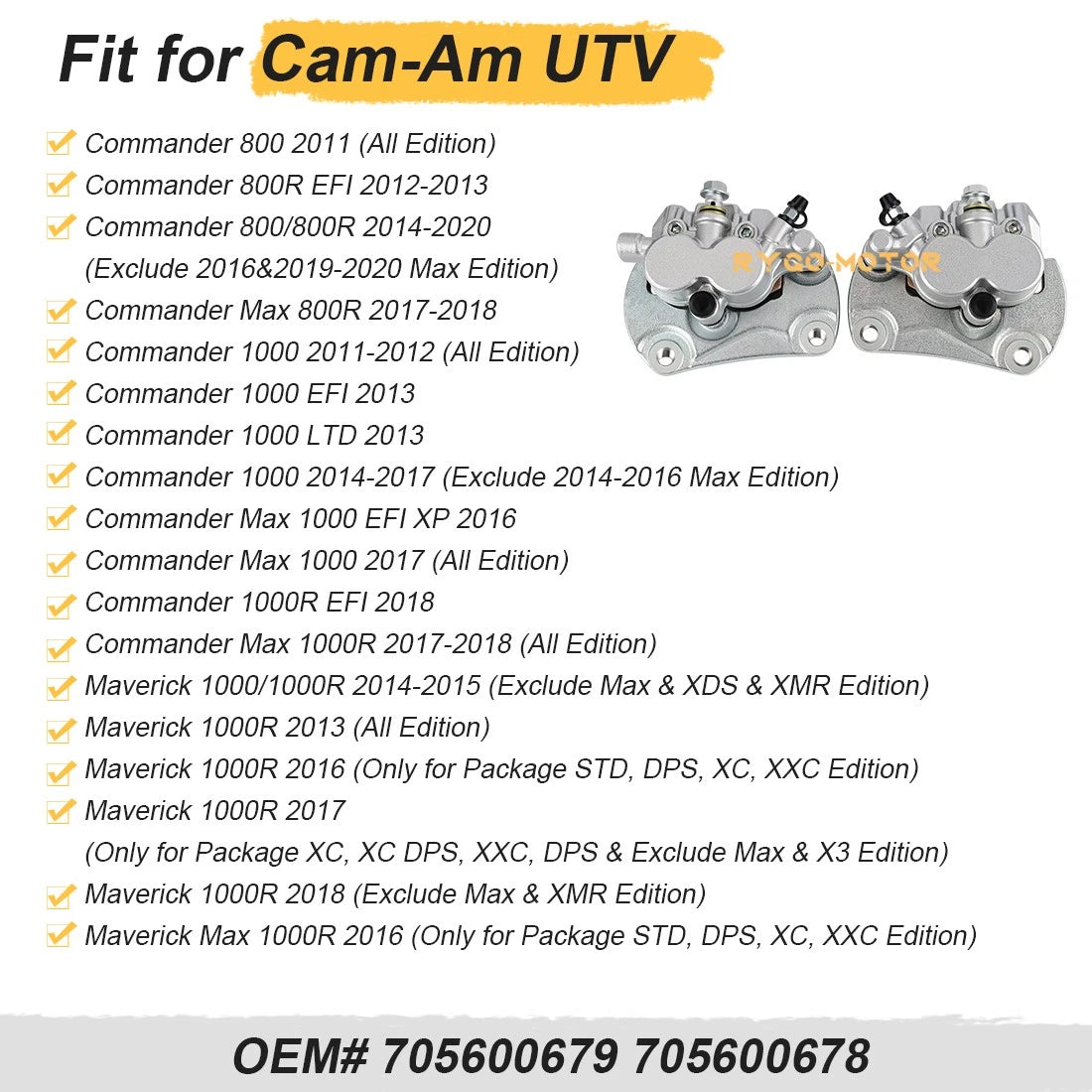 2x Front Brake Calipers & Pads for Can Am Commander 800R/Max 800R (2011–2020)