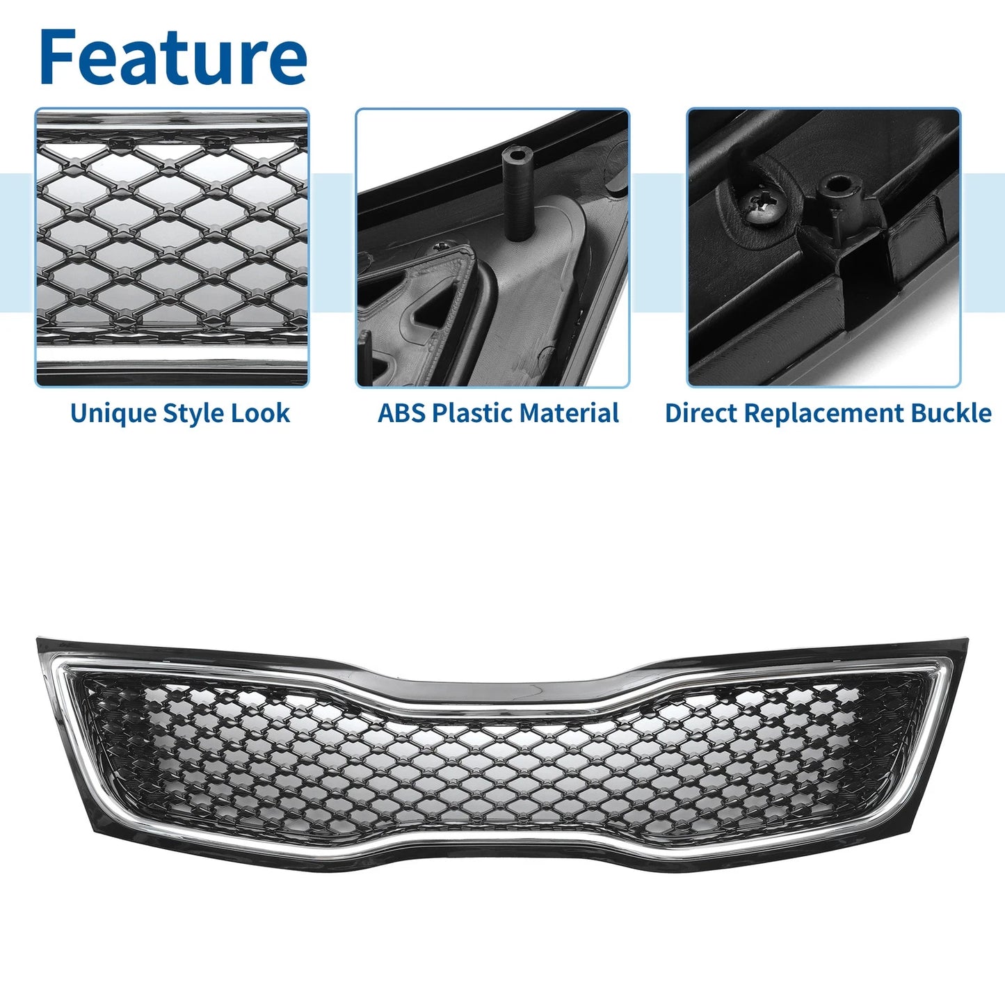 Front Upper Bumper Grille for Kia Optima (2014-2015) Black Chrome Silver Tone