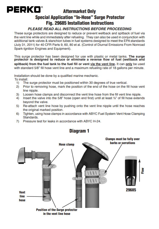 Fuel Inline Surge Protector Breather Vent for Perko - Prevents Surges & Back Splash