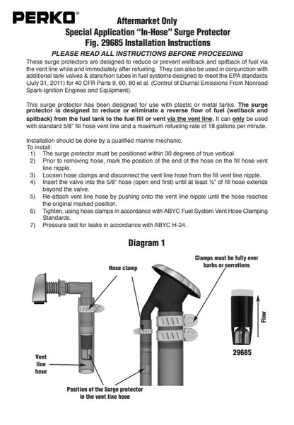Fuel Inline Surge Protector Breather Vent for Perko - Prevents Surges & Back Splash