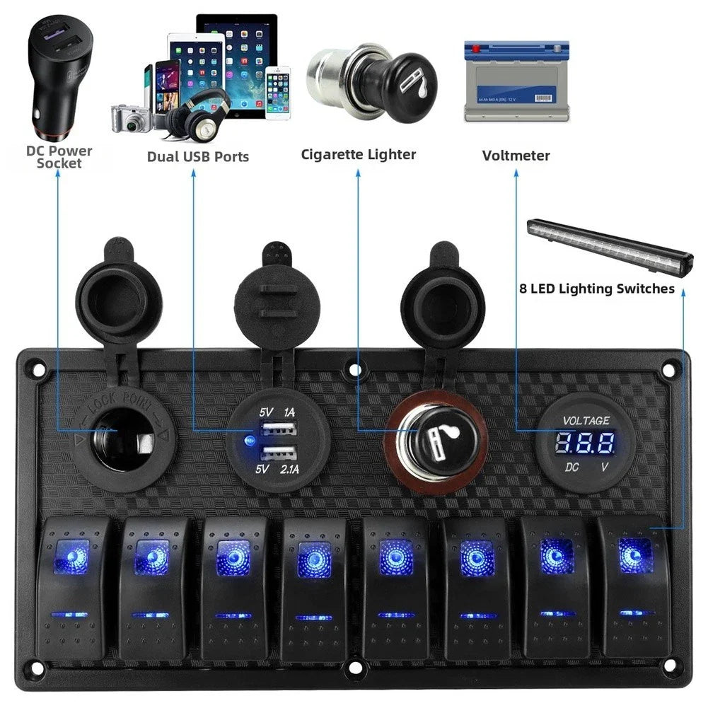 Marine Grade 8 Gang Rocker Switch Panel with USB Charger for Boats/RVs/Cars
