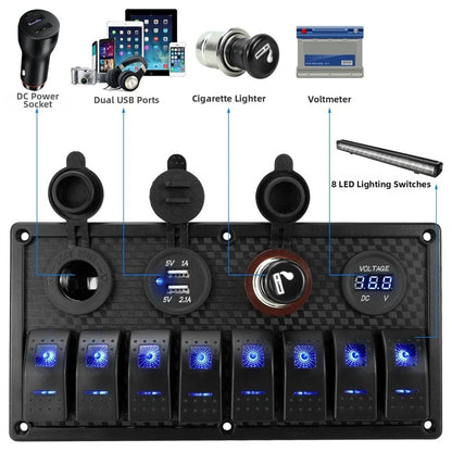 Marine Grade 8 Gang Rocker Switch Panel with USB Charger for Boats/RVs/Cars