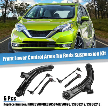 6 Pcs Front Lower Control Arms & Tie Rods Suspension for Nissan Cube (2009-2014)