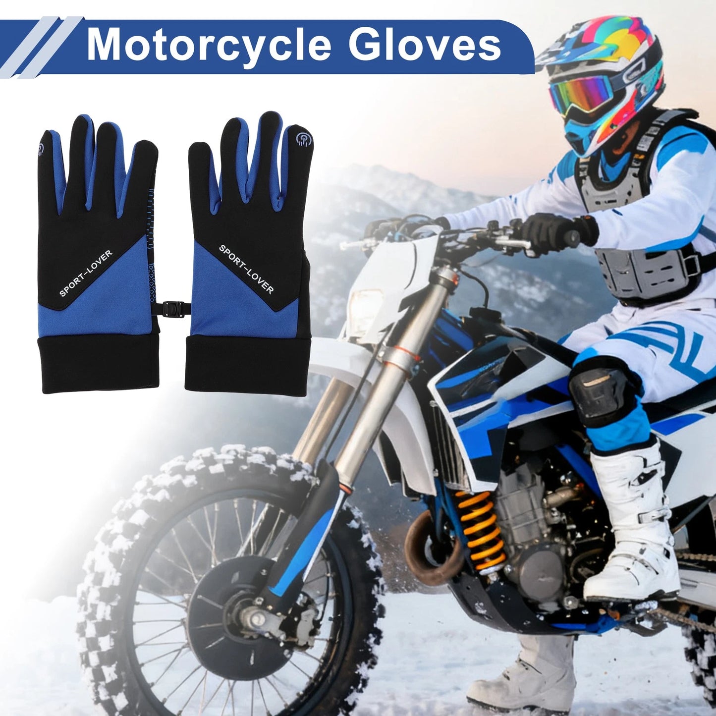 Men's Full Finger Outdoor Fleece Cycling Gloves Black Blue for Mountain Biking