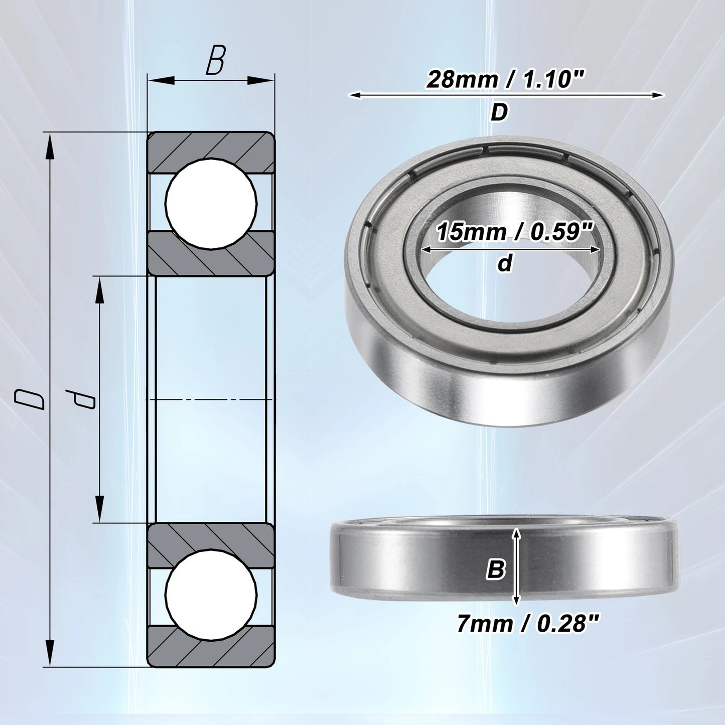 5 Pcs / 15x28x7mm / Deep Groove Ball Bearings for Car