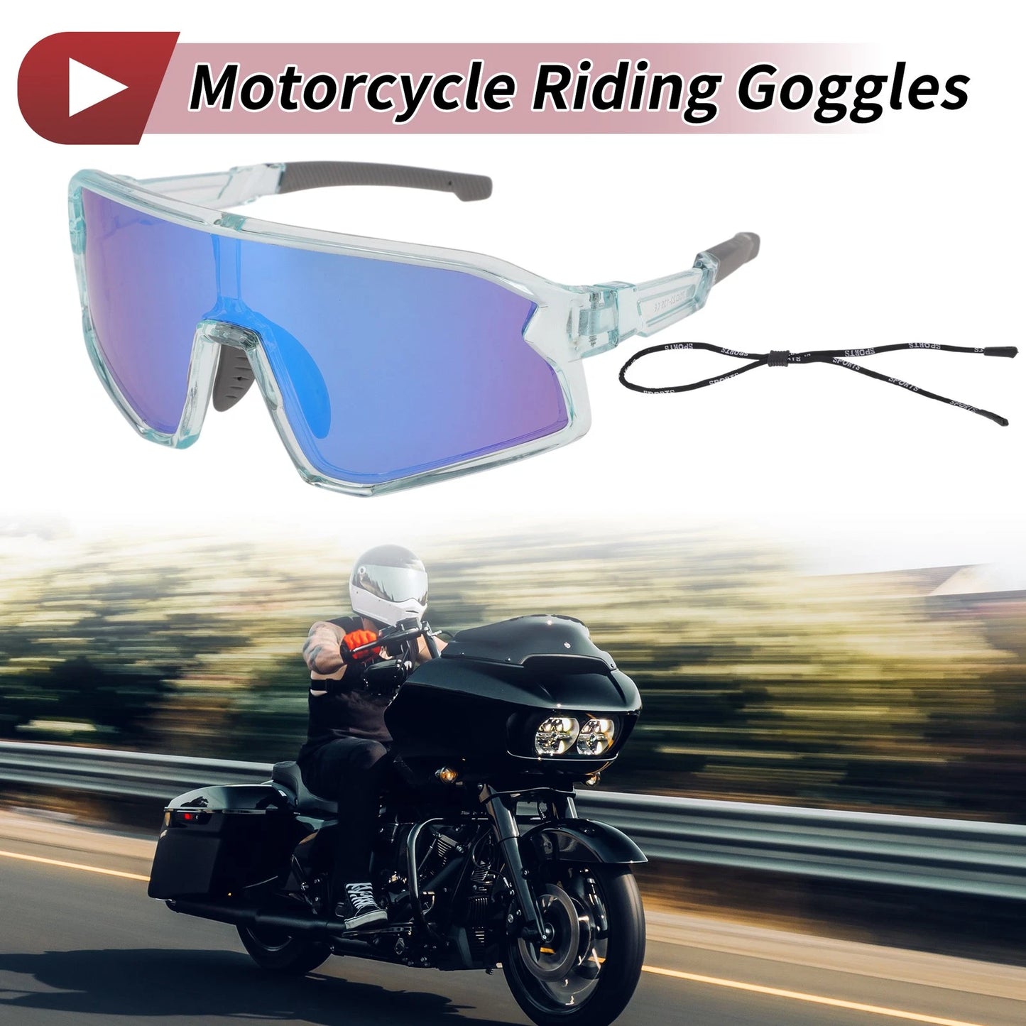 Goggles for Motorcycle Riding Blue Lens Clear Frame PC Tri-Acetyl Cellulos