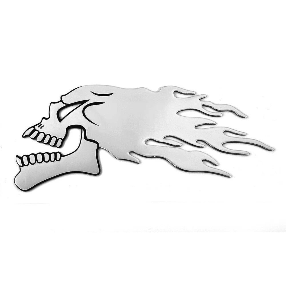 2 x Flaming Skull 3D Gel Sticker Decal L+R for Motorbike-Motorcycle Silver