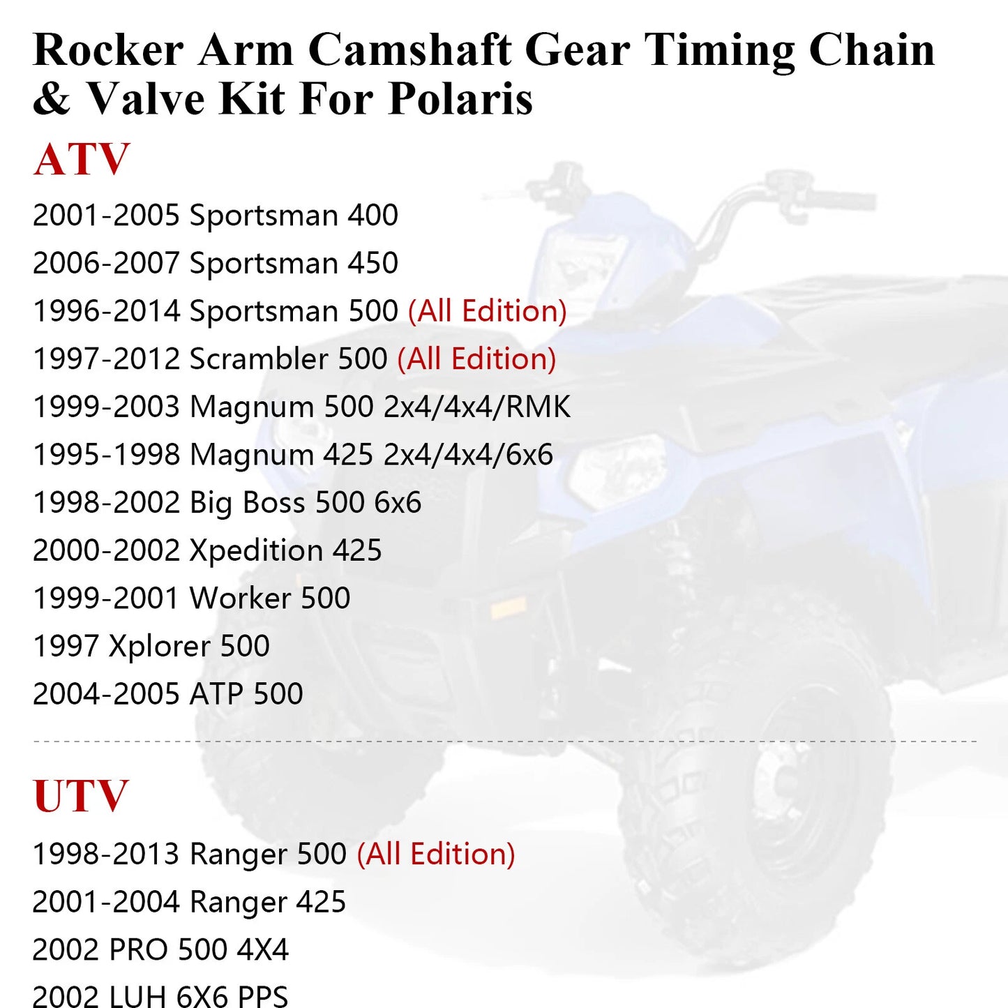 Rocker Arm Cam Chain & Valve Kit for Polaris Sportsman 400 450 500 (2003–2013)
