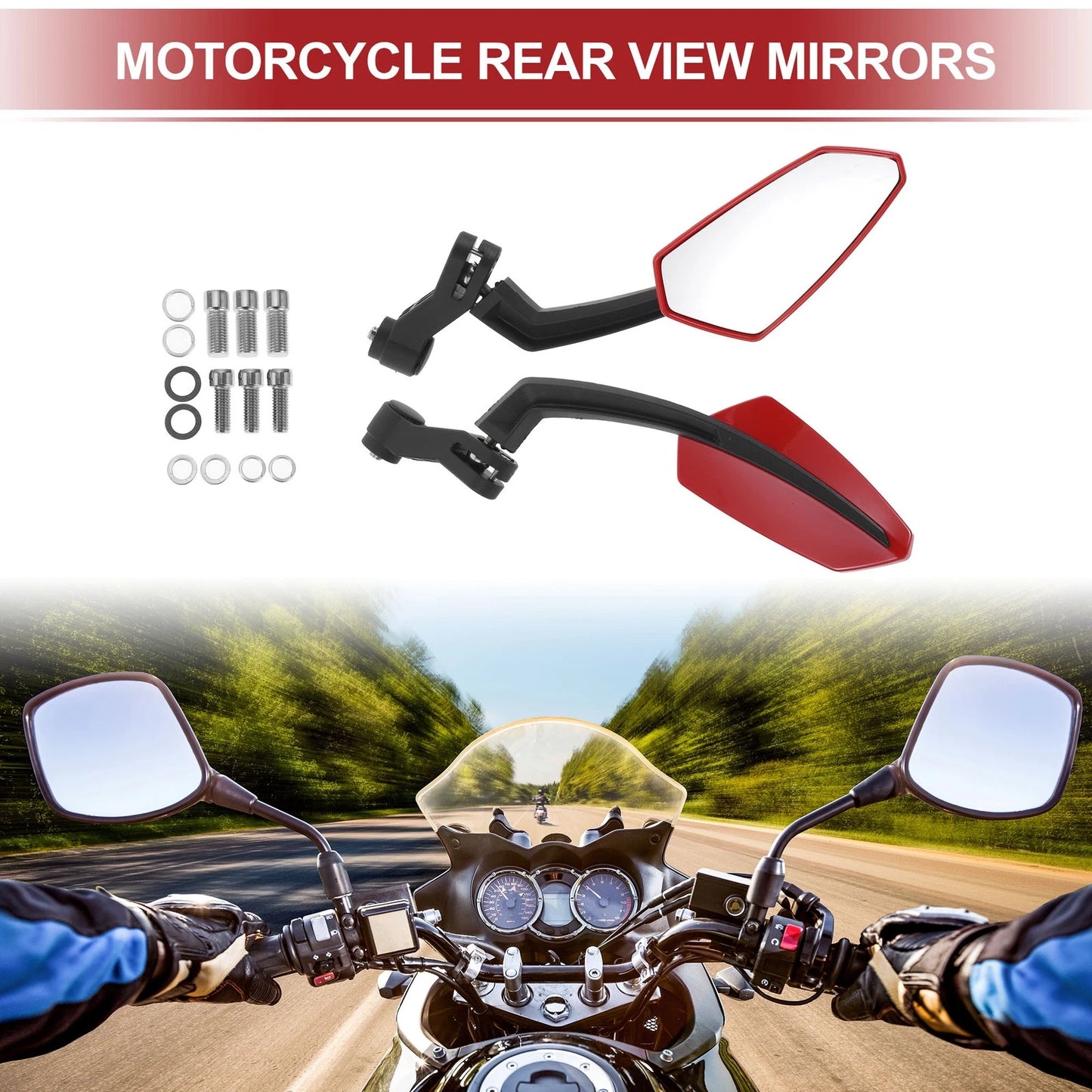 M8/M10 1 Set Side Rearview Mirrors Red Plastic for Motorcycle