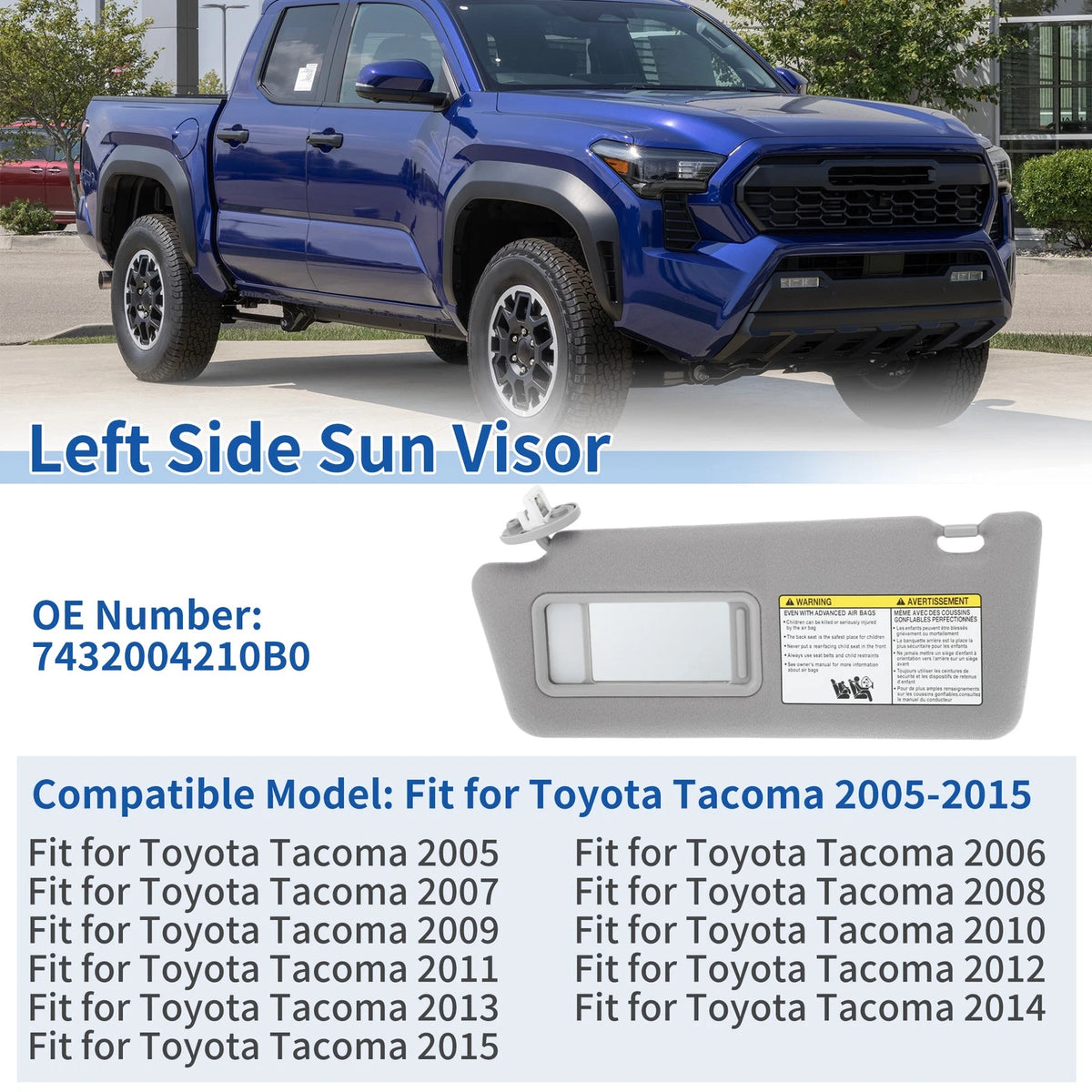 Gray Left Sun Visor w/ Vanity Mirror & Light for Toyota Tacoma (2005-2015)