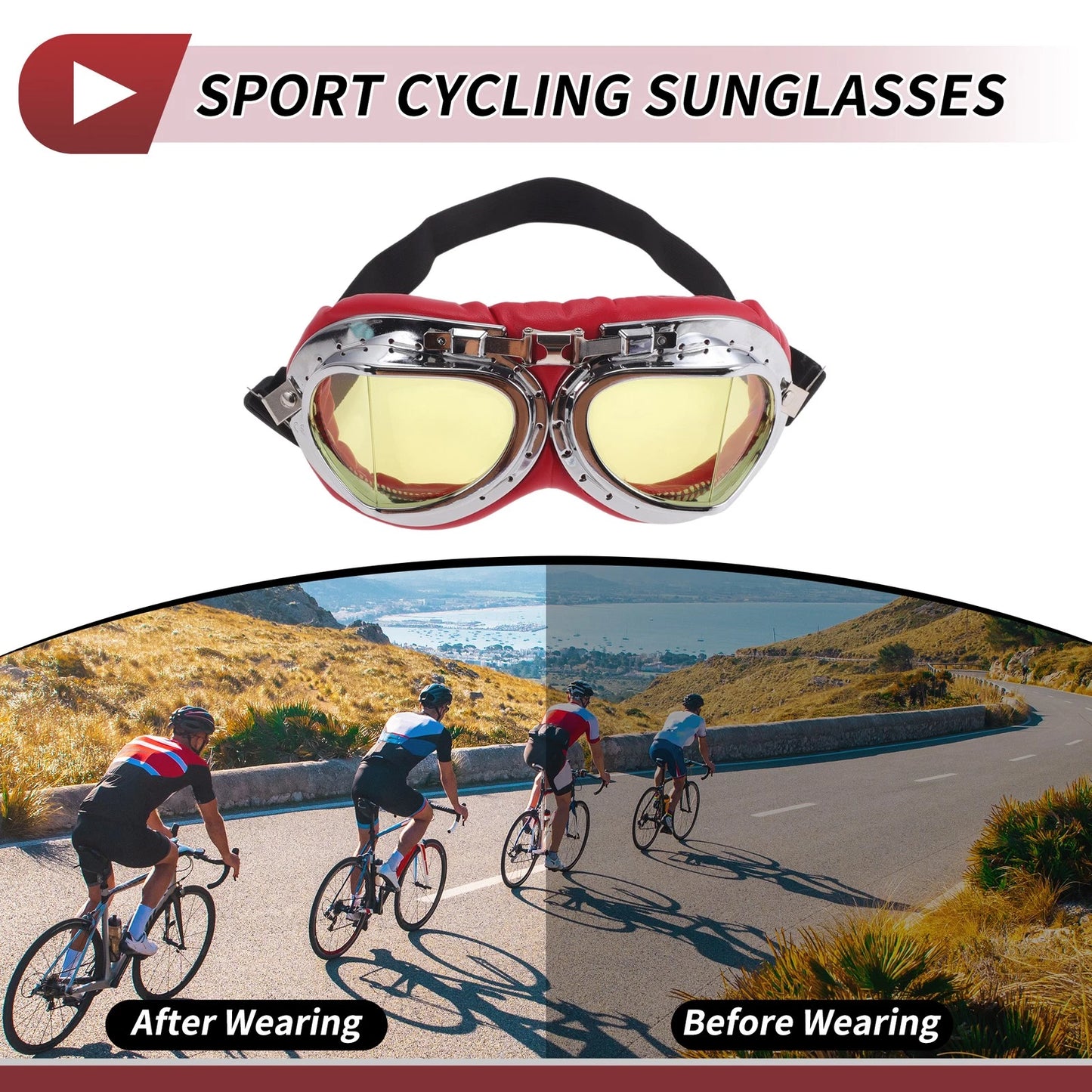Motorcycle Riding Goggles Yellow Lens Red Silver Tone Frame PC PU Sponge