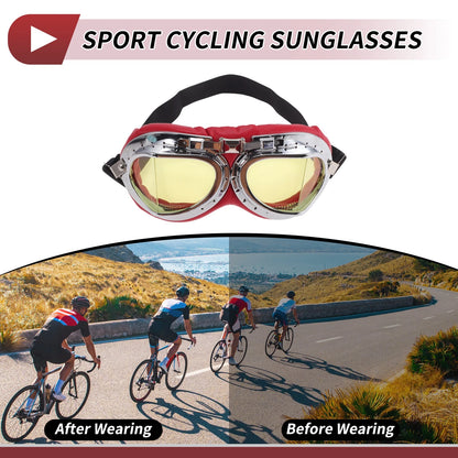 Motorcycle Riding Goggles Yellow Lens Red Silver Tone Frame PC PU Sponge