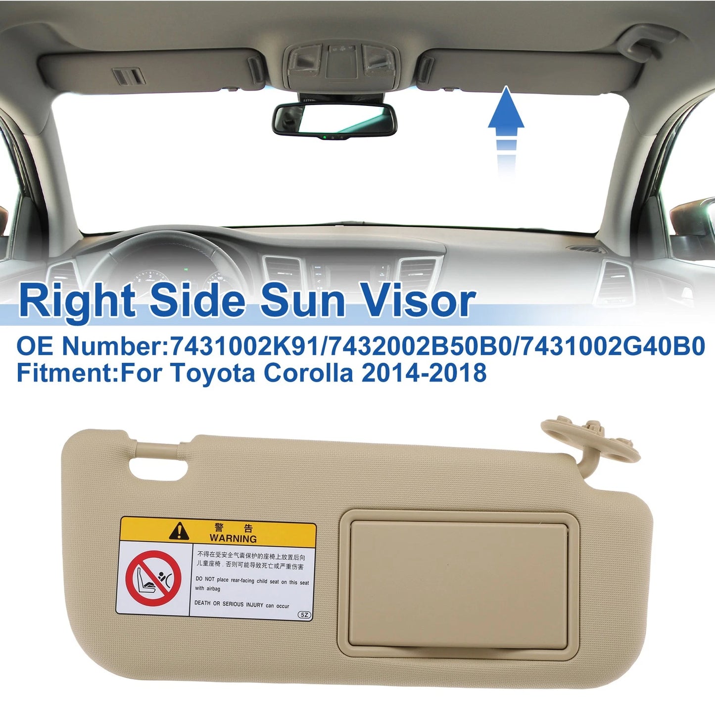 Right Side Sun Visor Beige for Toyota Corolla (2014–2018)