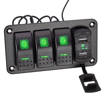 3 Gang Toggle Rocker Switch Panel for Car Boat Marine RV Truck Green LED 12V