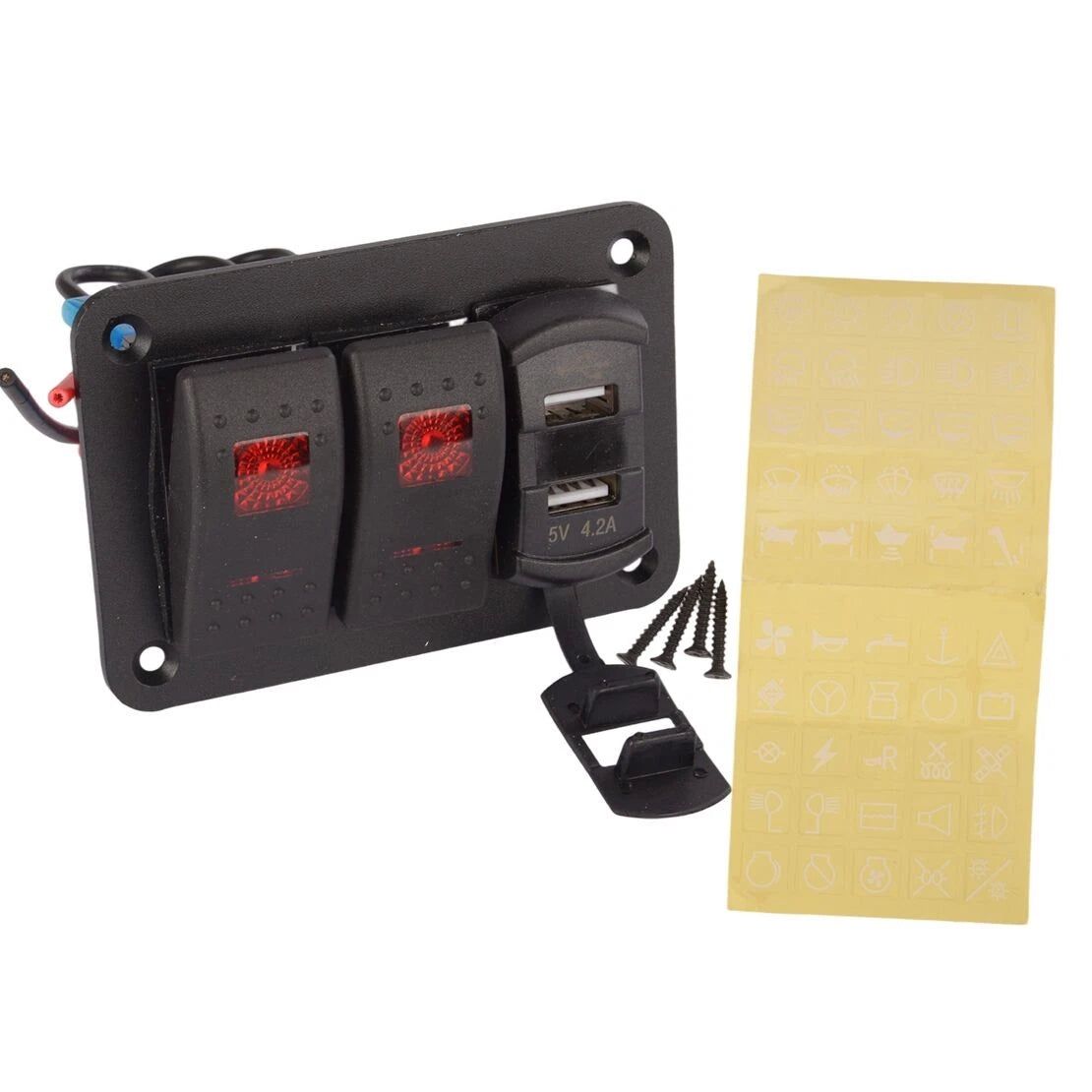 2 Gang Rocker Toggle Switch Panel w/ Dual USB Port for RV Truck Marine Boat